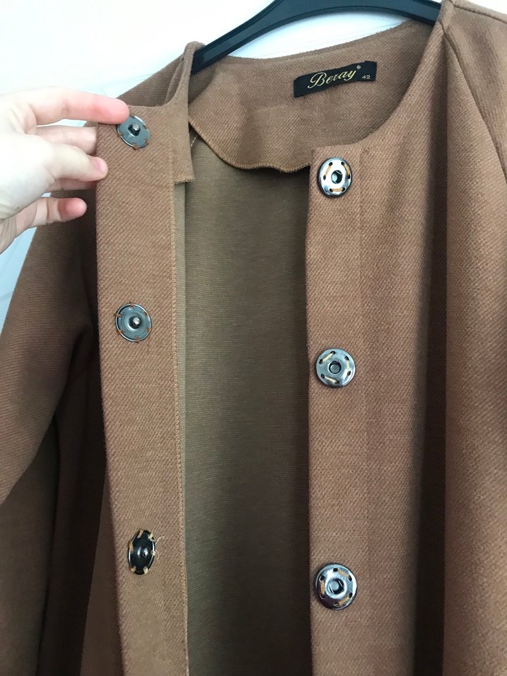 Uzun Kahverengi Kadın Kaban Siyah Cepli - Görsel 5