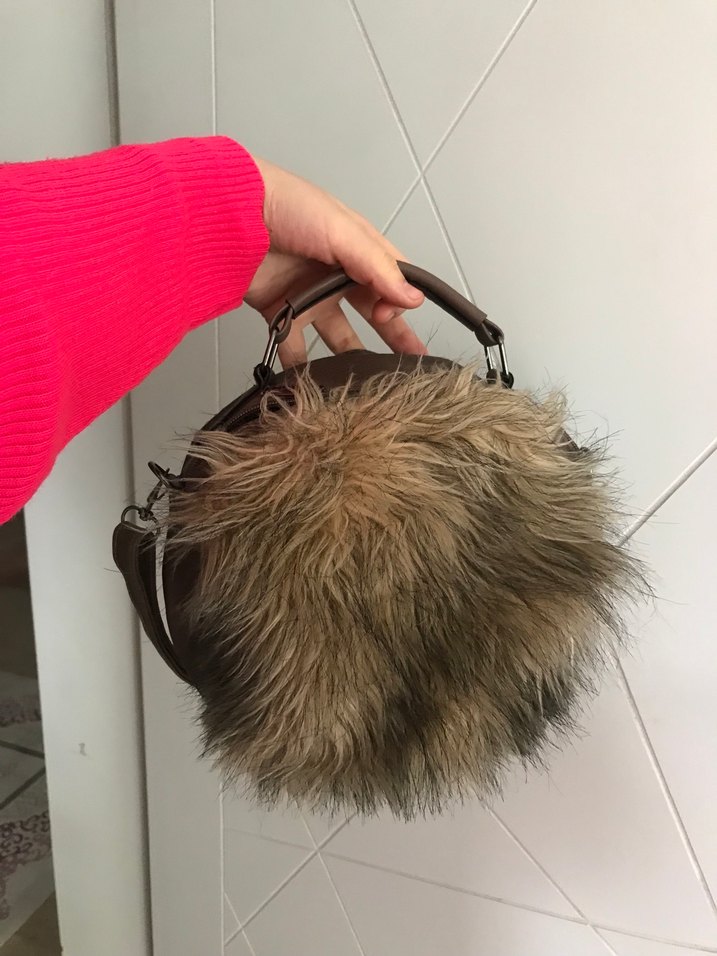 Kürk Detaylı Kahverengi Süet Kadın Çanta - Görsel 2