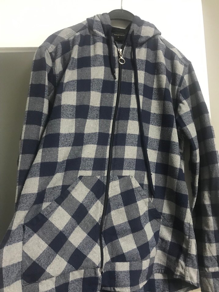 Gri Ekose Desenli Kapüşonlu Polar Ceket - Görsel 3