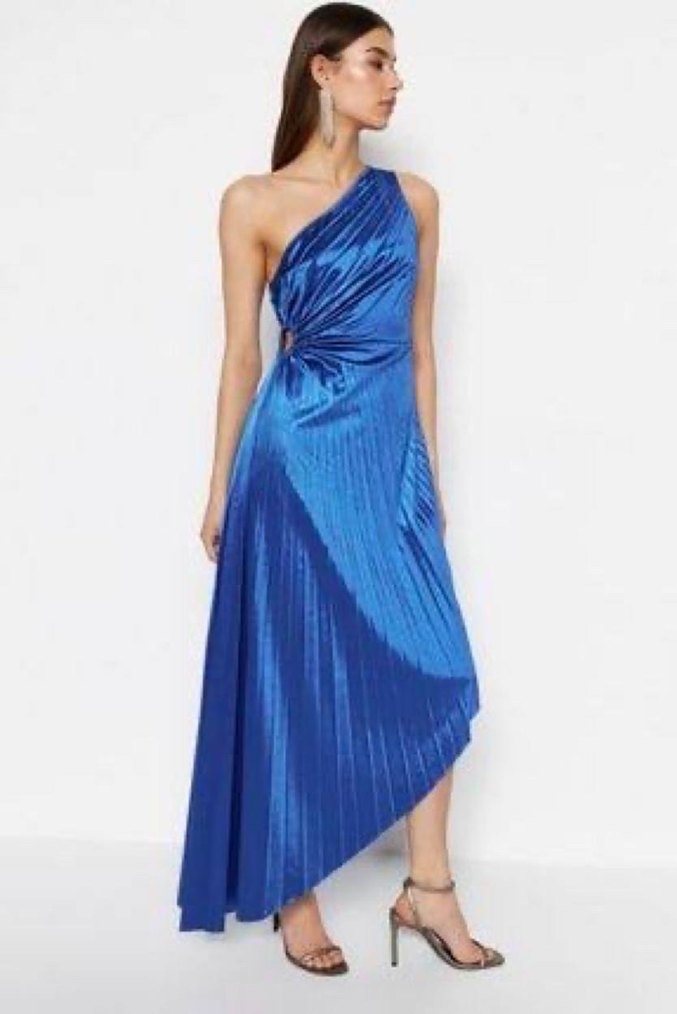 Saten Pliseli Uzun Abiye Elbise - Görsel 2