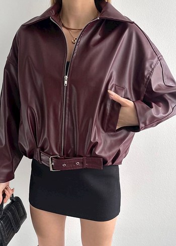 Bordo Kemerli Deri Kadın Ceket - Görsel 2