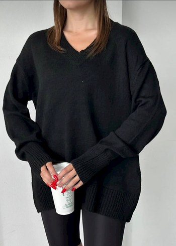 Siyah V Yaka Örgü Mini Kadın Kazak - Görsel 2