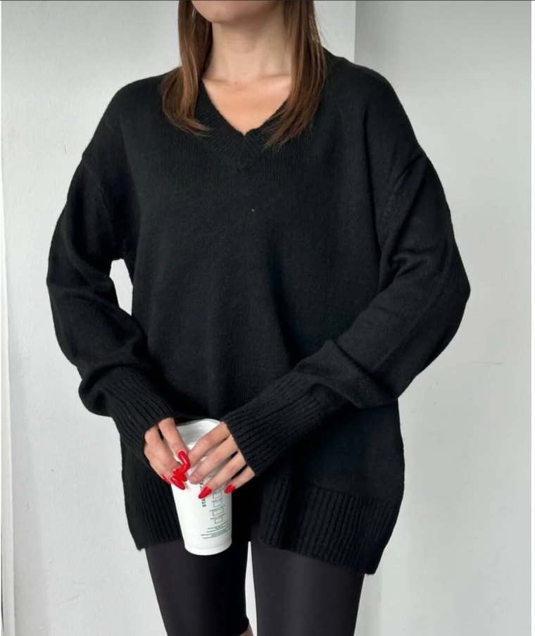 Siyah V Yaka Örgü Mini Kadın Kazak - Görsel 2