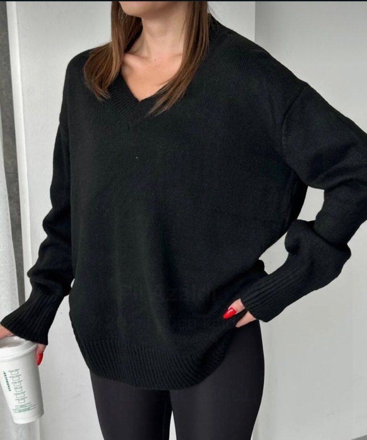 Siyah V Yaka Örgü Mini Kadın Kazak - Görsel 3