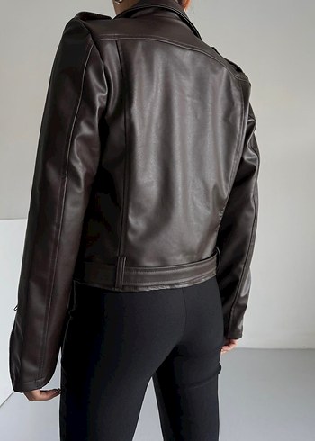 Kahverengi Kemerli Deri Biker Ceket - Görsel 4