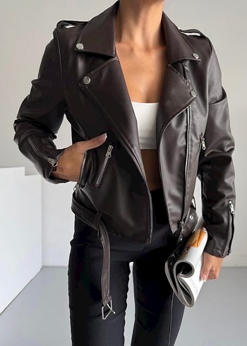 Kahverengi Kemerli Deri Biker Ceket - Görsel 3