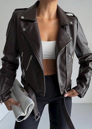 Kahverengi Kemerli Deri Biker Ceket - Görsel 2