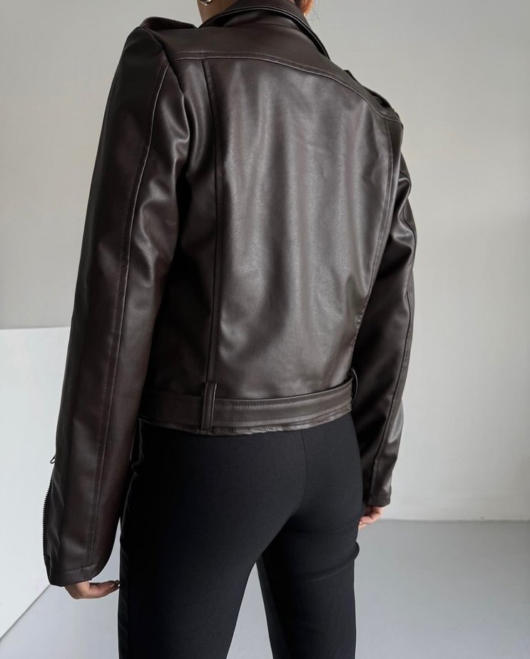 Kahverengi Kemerli Deri Biker Ceket - Görsel 4