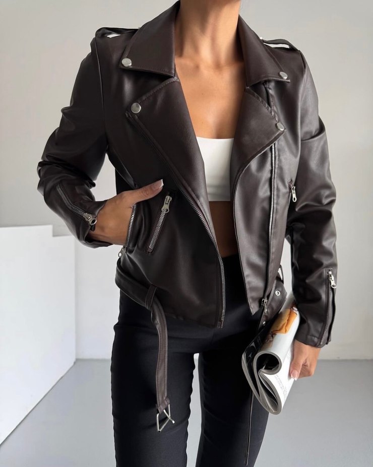 Kahverengi Kemerli Deri Biker Ceket - Görsel 3