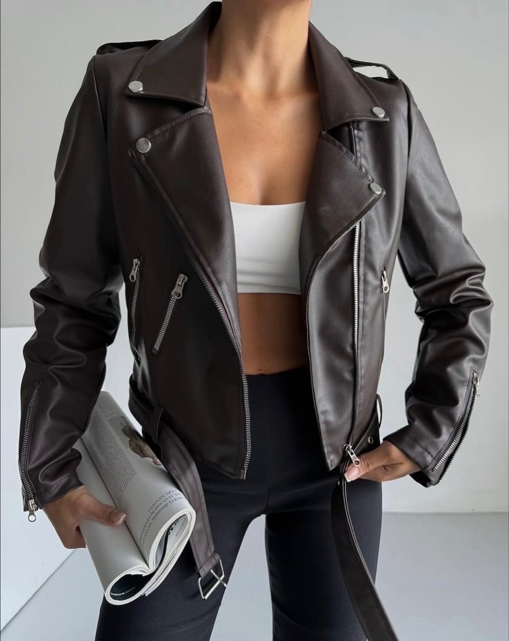 Kahverengi Kemerli Deri Biker Ceket - Görsel 2