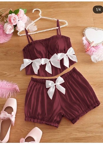 Bordo Saten Mini İkili Pijama Takımı - Görsel 3