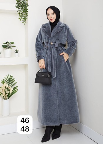 Beyaz Kuşaklı Uzun Kadın Yün Kaban - Görsel 2