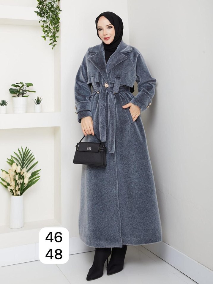 Beyaz Kuşaklı Uzun Kadın Yün Kaban - Görsel 2