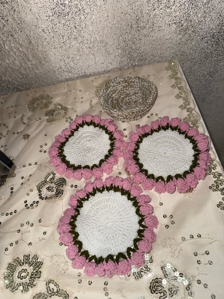 Örgü sepetinde 3 lü bardak altlığı - Görsel 2