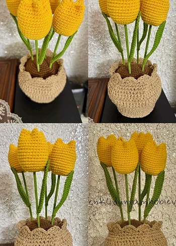 El Örgüsü saksıda 4 adet sarı lale - Görsel 6