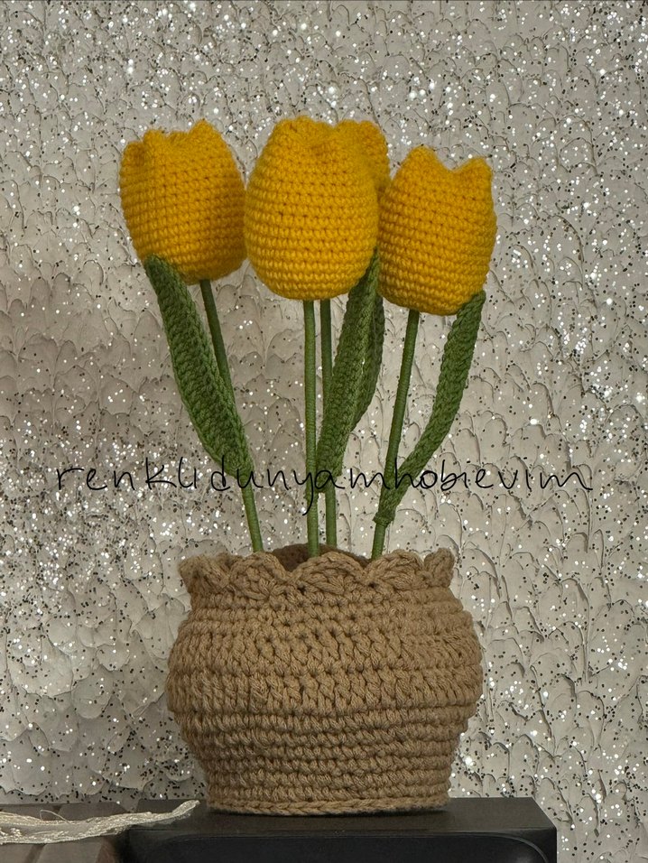 El Örgüsü saksıda 4 adet sarı lale - Görsel 5