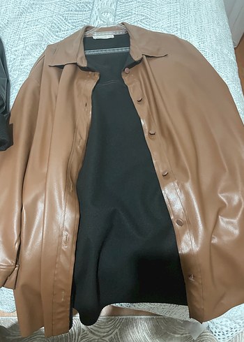 Siyah Kadın Deri Ceket, Düğmeli, Salaş - Görsel 2