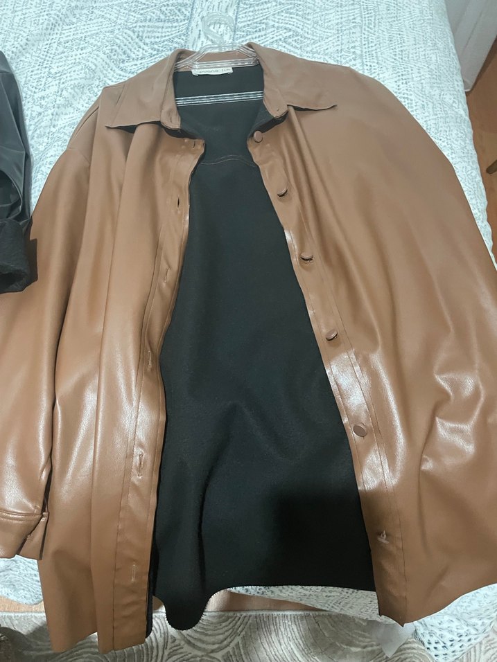 Siyah Kadın Deri Ceket, Düğmeli, Salaş - Görsel 2