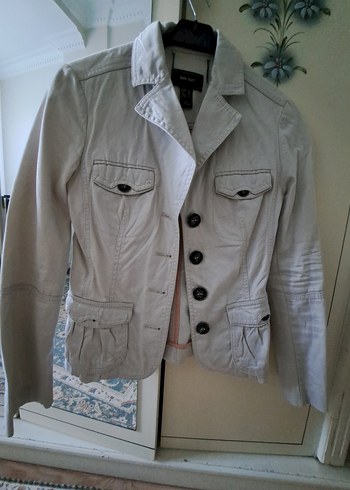 Düğmeli Bej Keten Kadın Ceket - Görsel 6