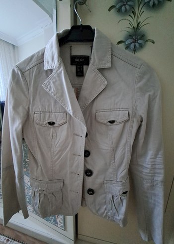 Düğmeli Bej Keten Kadın Ceket - Görsel 3