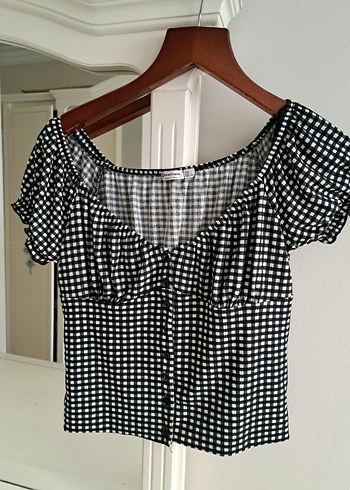 Siyah Kareli Volanlı Kısa Kollu Bluz - Görsel 3