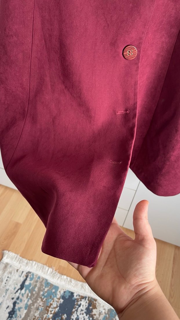 Bordo Süet Düğmeli Uzun Hamile Kabanı - Görsel 4