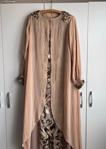 Bej İşlemeli Vintage Uzun Abiye Elbise - Görsel 8