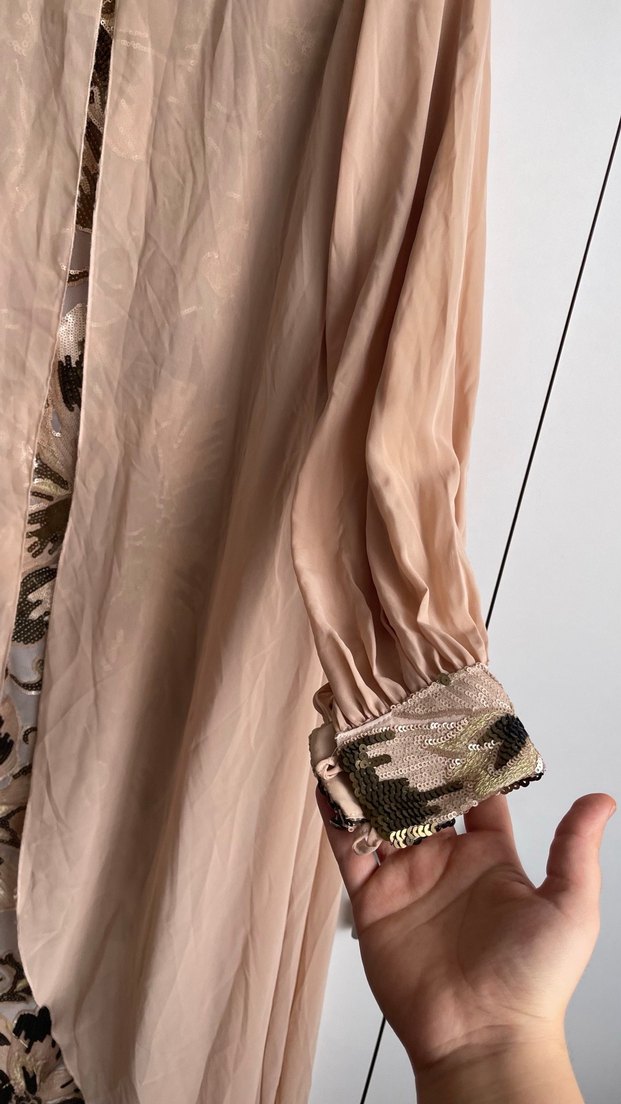 Bej İşlemeli Vintage Uzun Abiye Elbise - Görsel 4