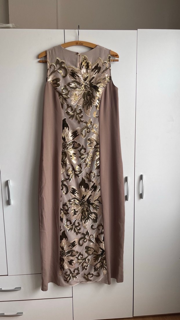 Bej İşlemeli Vintage Uzun Abiye Elbise - Görsel 2