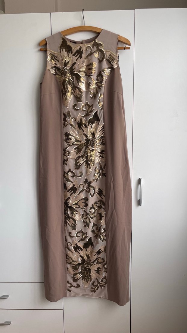 Bej İşlemeli Vintage Uzun Abiye Elbise - Görsel 3