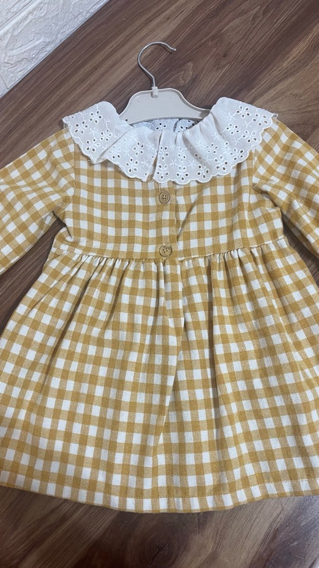 Uzun Kollu Bej Kız Elbise Fırfırlı Yaka - Görsel 3