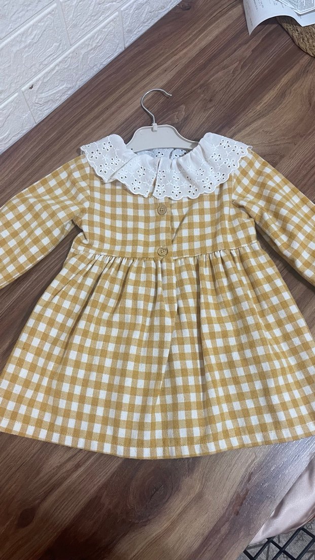 Uzun Kollu Bej Kız Elbise Fırfırlı Yaka - Görsel 4