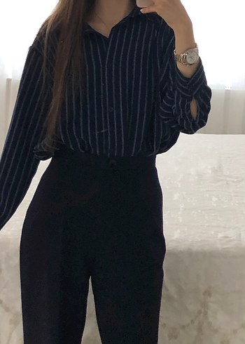 Lacivert Çizgili Uzun Kollu gömlek - Görsel 2