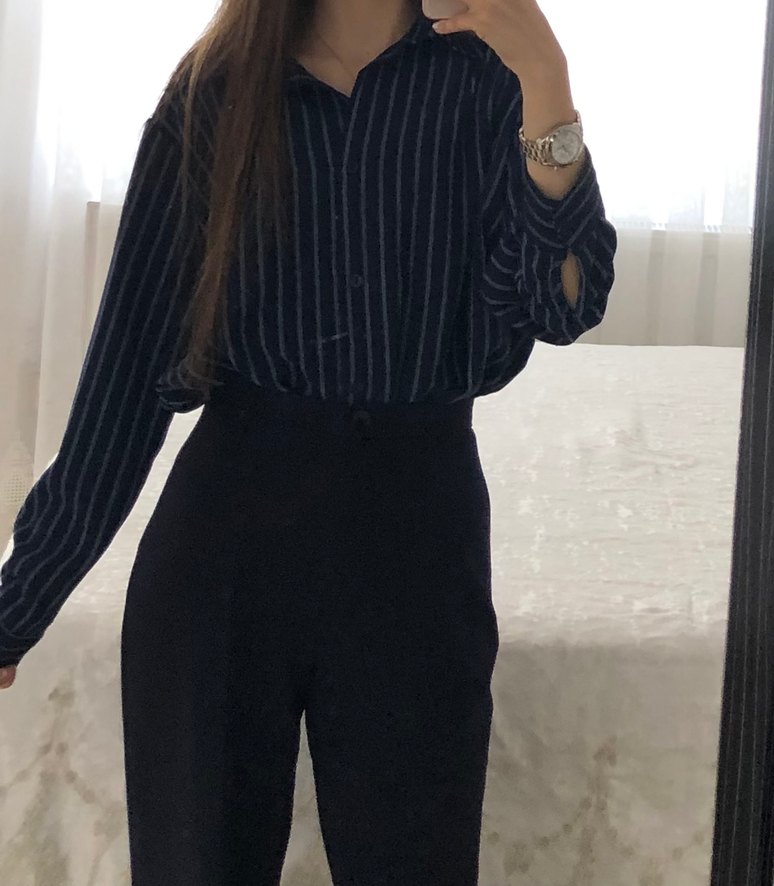 Lacivert Çizgili Uzun Kollu gömlek - Görsel 2