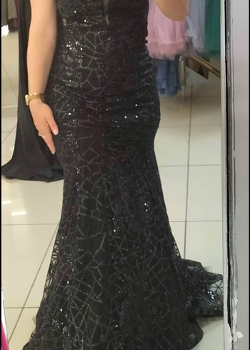 Dantel Detaylı Siyah Uzun Abiye Elbise - Görsel 2