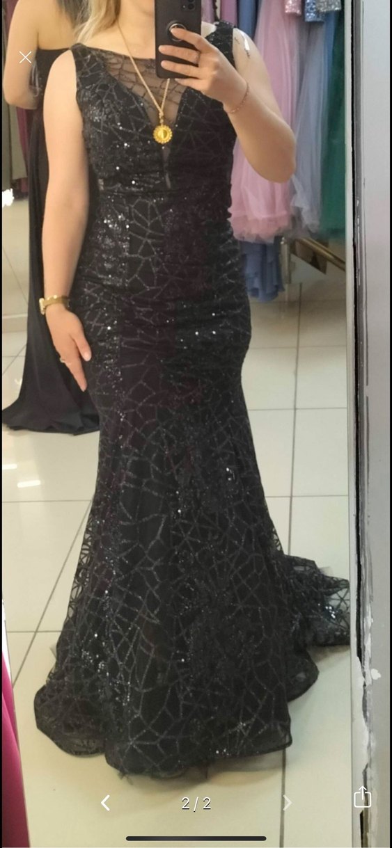 Dantel Detaylı Siyah Uzun Abiye Elbise - Görsel 2