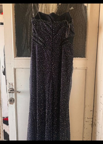 Uzun Lacivert Drapeli Straplez Abiye Elbise - Görsel 2