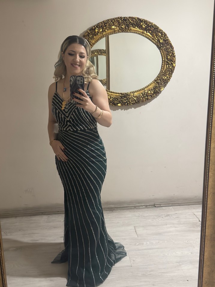 Siyah Parlak Zebra Desenli Uzun Abiye Elbise - Görsel 2