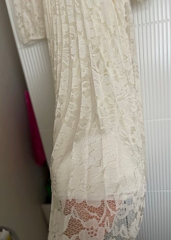 Bej Dantel Detaylı Uzun Kadın Elbise - Görsel 8