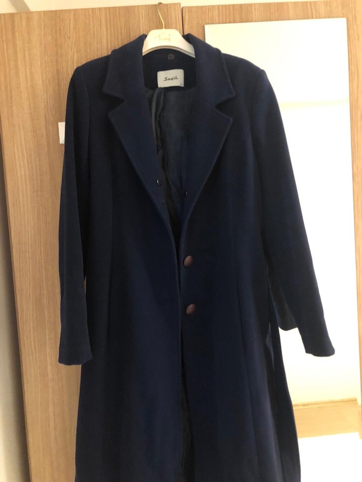 Seçil Lacivert Vatkalı Uzun Kaşe Kaban - Görsel 2