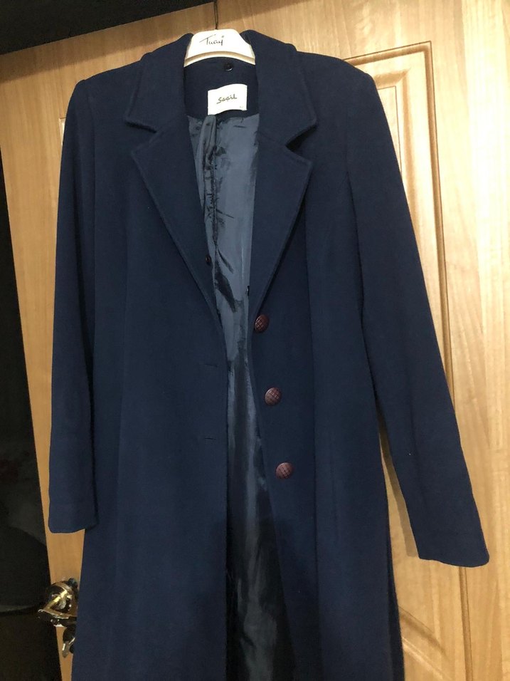 Seçil Lacivert Vatkalı Uzun Kaşe Kaban - Görsel 3