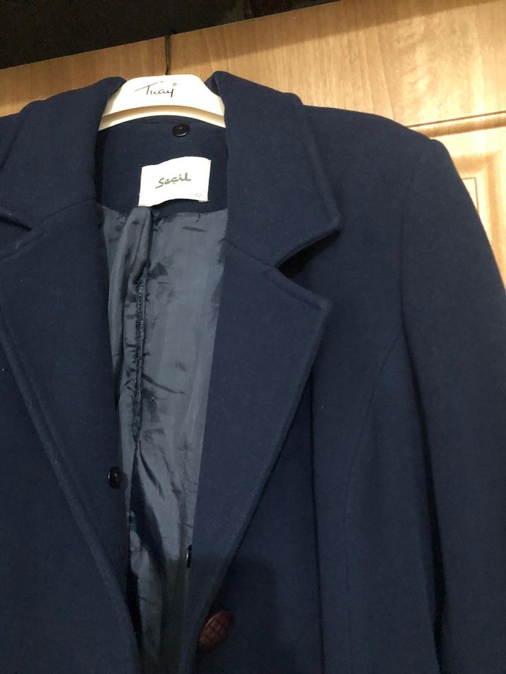 Seçil Lacivert Vatkalı Uzun Kaşe Kaban - Görsel 5