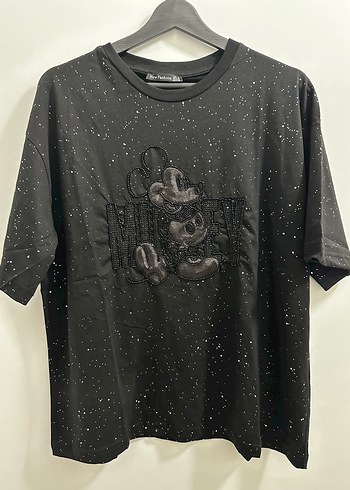 Siyah Payetli Baskılı Oversize Tişört - Görsel 3