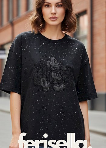 Siyah Payetli Baskılı Oversize Tişört - Görsel 2