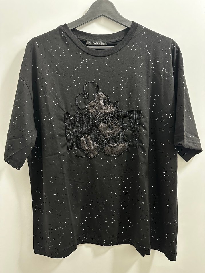 Siyah Payetli Baskılı Oversize Tişört - Görsel 3