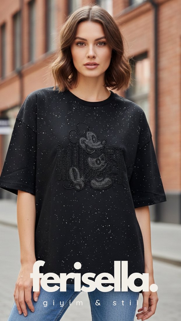 Siyah Payetli Baskılı Oversize Tişört - Görsel 2