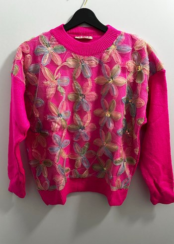 Çiçek Desenli Pembe Triko Kadın Kazak - Görsel 2