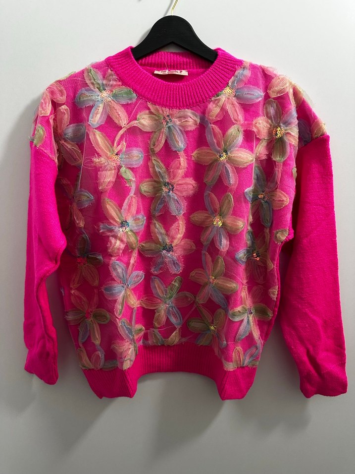 Çiçek Desenli Pembe Triko Kadın Kazak - Görsel 2
