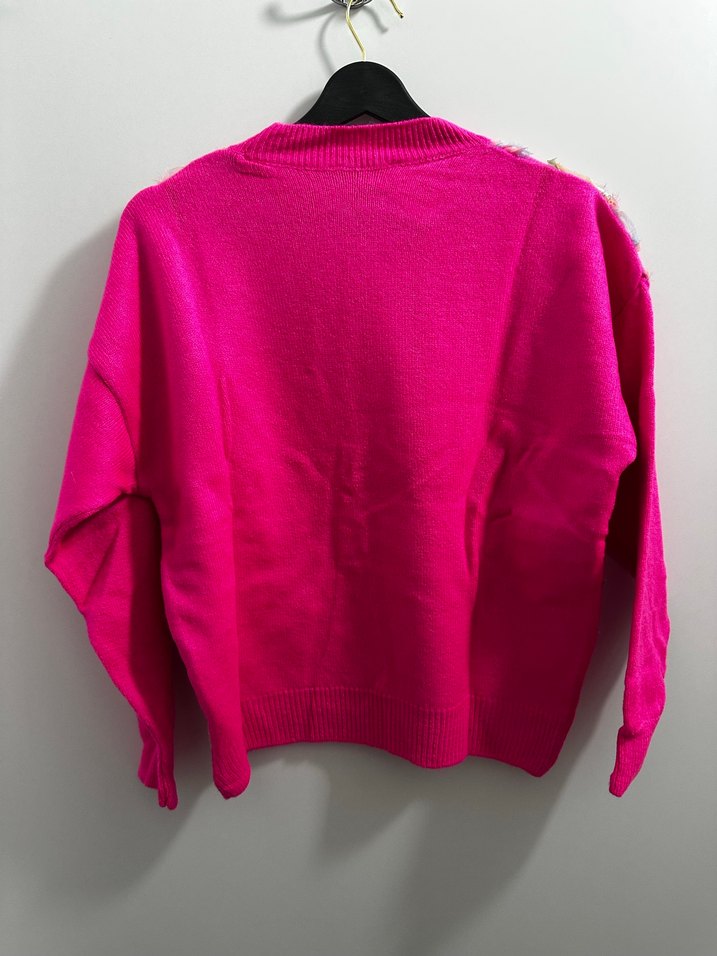 Çiçek Desenli Pembe Triko Kadın Kazak - Görsel 3