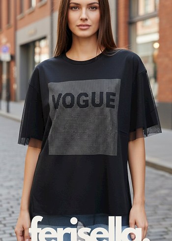 VOGUE Baskılı Tül ve Taş Detaylı Siyah Tişört - Görsel 2